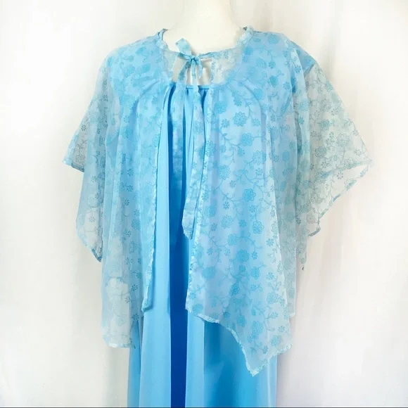 Vintage 70s Baby Blue Special Maxi Dress Capelet XL - Picture 2 of 9